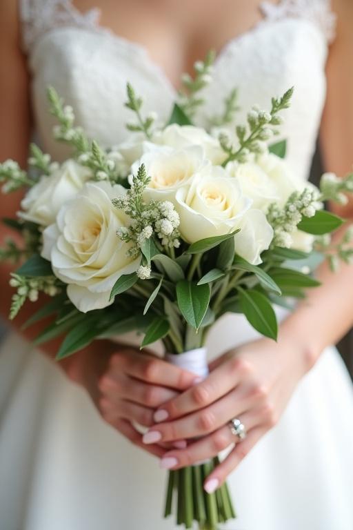 A close-up of a bride holding her bouquet