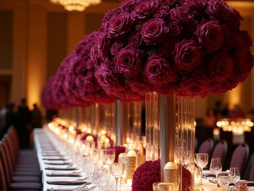 Large floral centerpieces at a corporate gala dinner