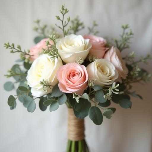 A delicate hand-tied bouquet with pastel roses and eucalyptus