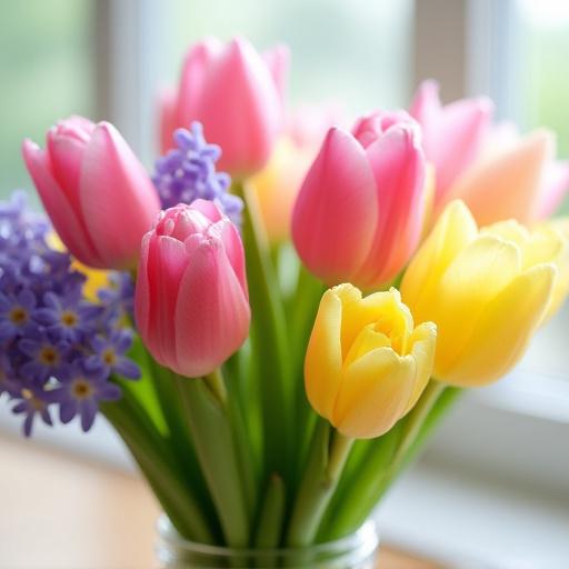 Fresh spring bouquet with tulips and hyacinths