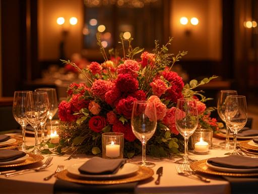 Elaborate floral table centerpiece for a dinner event