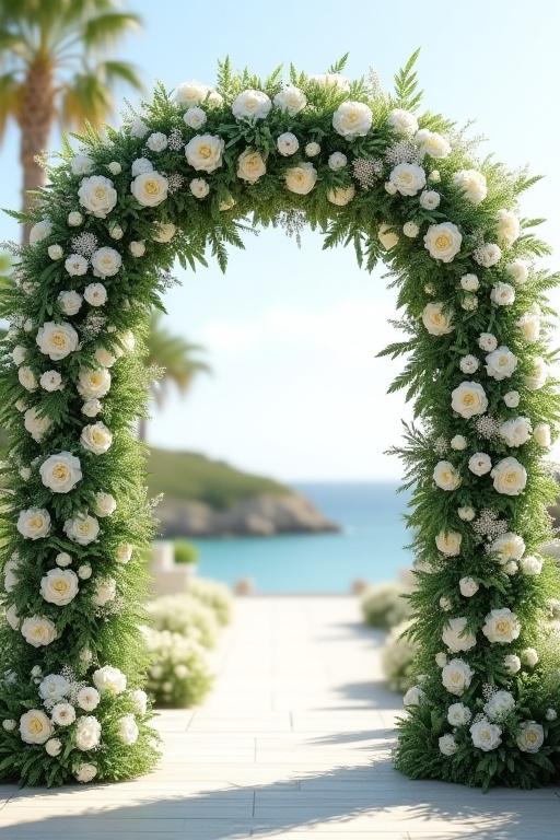 A lush, flower-adorned wedding arch