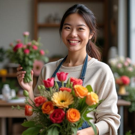 A proud workshop participant with their finished floral piece