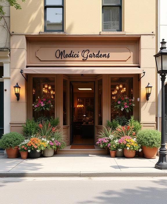 The warm and inviting storefront of Medici Gardens on Tras Street
