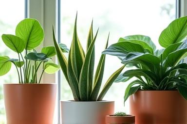 A variety of healthy indoor plants in ceramic pots