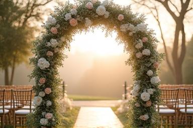 Elegant floral arch at a wedding ceremony