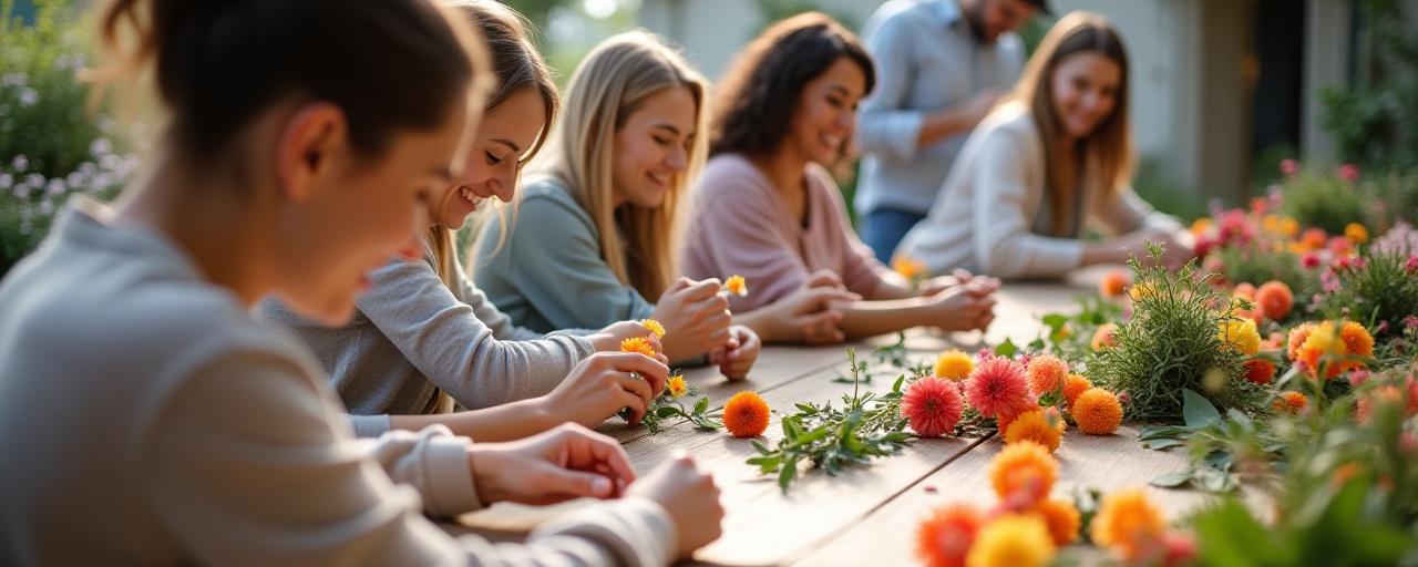 People happily arranging flowers during a Medici Gardens workshop
